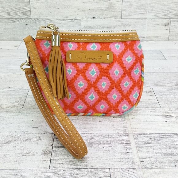Dena Canvas Chevron Striped Aztec Pink Orange Teal Tassel Pouch Bag Wristlet - Picture 1 of 12